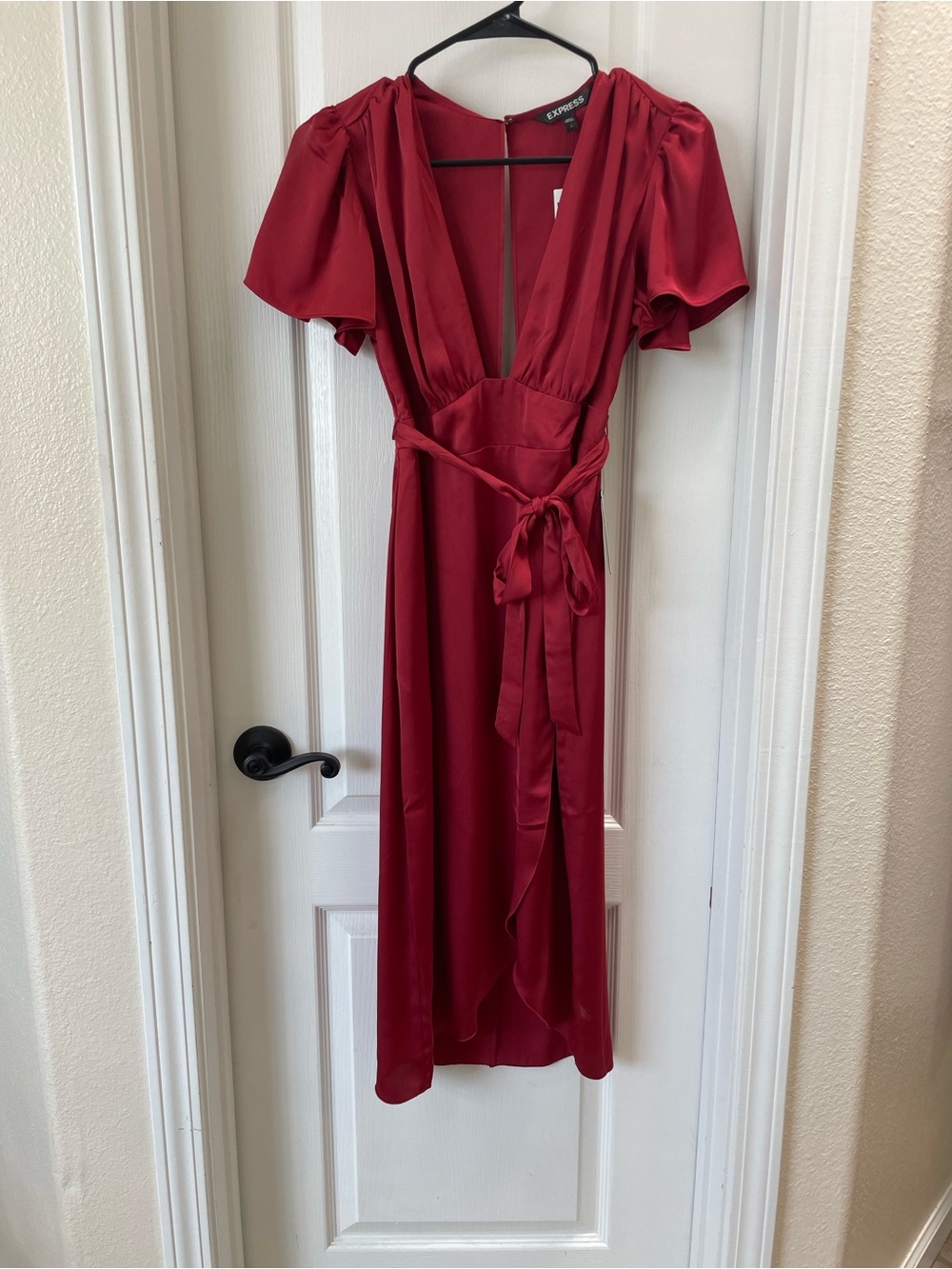 BNWT EXPRESS Red Satin Wrap Dress with Tie Waist